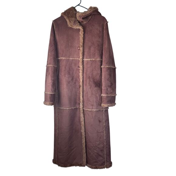 Vintage Y2K Gallery Tan Suede Sherpa Penny Lane Trench Coat-size Small - Picture 8 of 15